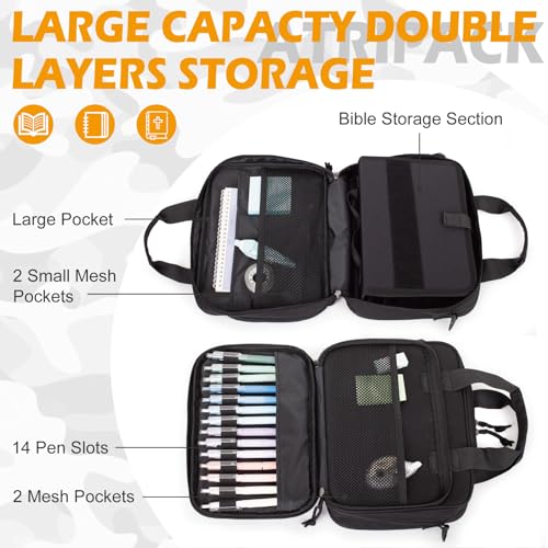 ATRIPACK Tactical Large Bible Cover for Men,Double Layer Bibles Bag With Detachable Book Carrying Case, Covers for Bible Organizer with Zippered Pockets,Church Case with Handle. - color: black