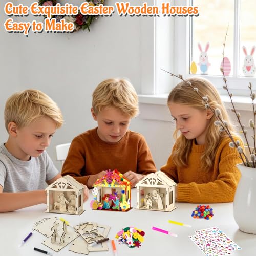 8Pcs Christian Easter Crafts Wooden House for Boy Girl & Adult, Religious Easter Activities DIY Kit with Jesus He Is Risen Egg Bunny, Spring Bible Art Gift for Basket Stuffers Party Favors Decor Bulk - style: Christian Easter