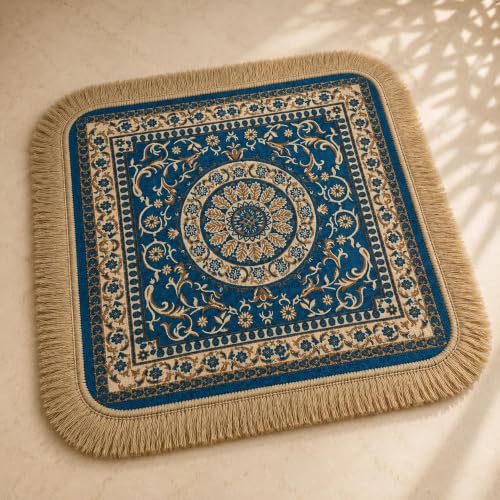 Soft Chenille Prayer Mat | 2x2 Feet Traditional Mandala Floral Pooja Aasan with Golden Fringes | Multipurpose Square Rug for Meditation, Yoga, Puja Room & Home (Pack of 4, Turquoise) - color: Turquoise, size: 2x2 Feet