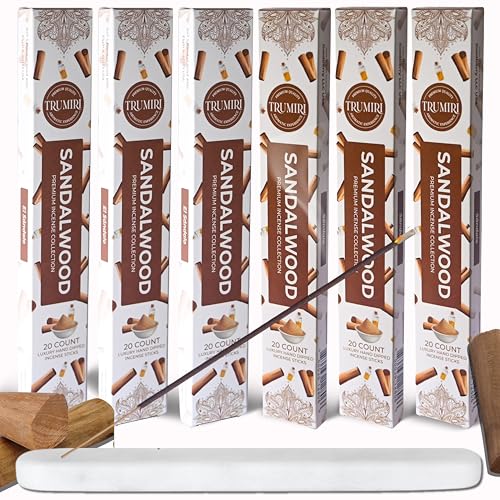 Sandalwood Incense Sticks - Incienso de Sándalo - Total 120 Insence-Sticks - 6 Packs of 20 Insense - Inciensos - Inscents - Natural Non Toxic Ingredients - Incents - Incence - Inscense - Insents - color: Sandalwood, size: Pack of 6 (120 Sticks)