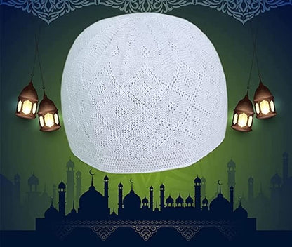 Kufi Hat for Men, Islamic Muslim Prayer Cap, Breathable Cotton Skull Cap, Traditional Taqiyah Takke, Crochet Cap - color: White