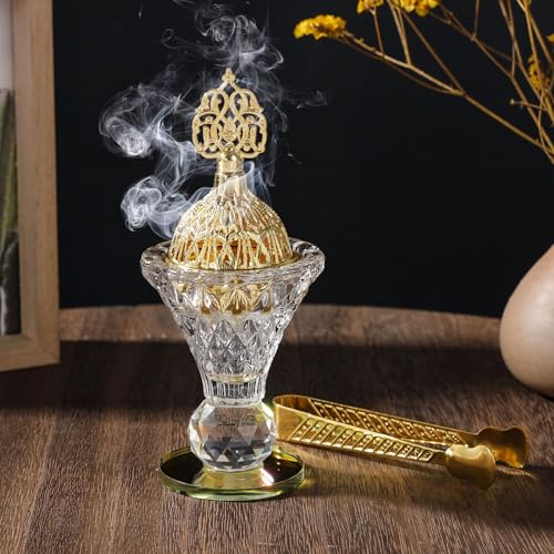 Crystal Incense Burner Holde with Gold Top, Luxury Bakhoor Burner Set with Tongs, Elegant Aromatherapy Holder for Oud, Frankincense, Resin Perfect for Home Decor, Meditation Yoga