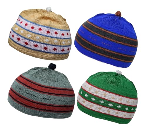 Set 4 Child Size Muslim Children Baby Beanie Skull Cap Assorted Color AMN-273 Islam Crochet Takke Kufi Hat Eid Ramadan Gift - color: Color Set 3