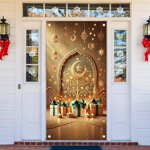 Ramadan Mubarak Door Cover Banner 71x35inch Crescent Moon Star Gift Lantern Decoration Indoor Outdoor Front Door Wall Hanging Islamic Festival Home Decor - color: Style 3