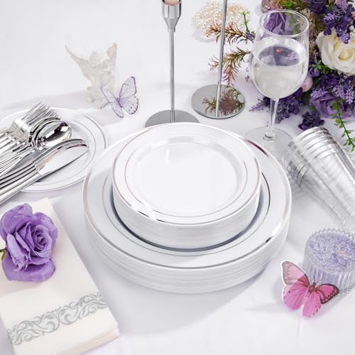 Supernal 200pcs Silver Plastic Dinnerware Sets for 25 Guests included Silver Silverware Set & Plastic Plates heavy duty Disposable Cups and Paper Napkins Disposable for Party Birthday and Wedding - color: 200pcs White and Silver Plastic Dinnerware