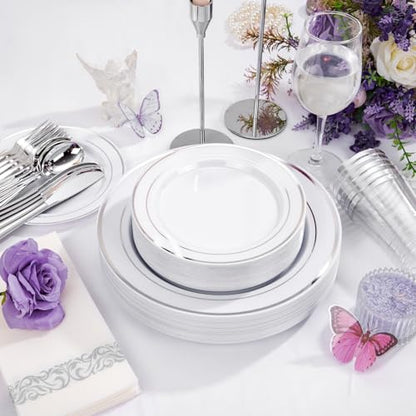 Supernal 200pcs Silver Plastic Dinnerware Sets for 25 Guests included Silver Silverware Set & Plastic Plates heavy duty Disposable Cups and Paper Napkins Disposable for Party Birthday and Wedding - color: 200pcs White and Silver Plastic Dinnerware