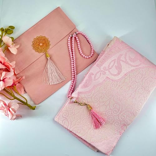 BABY SHOWER CHOCOLATE Muslim Prayer Rug with Prayer Beads and Portable Bag, Islamic Prayer Gift Set for Women and Men Premium Prayer Rug, Travel Prayer Mat (Pink) - color: Pink