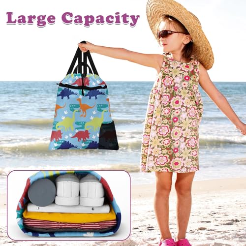 Dinosaur Drawstring Backpack, 15” x 17” Waterproof Swim Bag for Beach Swimming Pool, Lightweight Foldable Gym Bag with Water Bottle Holder for Sports Travel - color: Blue Cartoon Dinosaurs