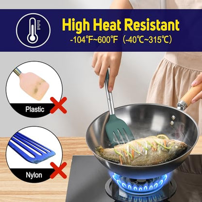 HOTEC Silicone Spatula Set of 2 Heat-Resistant 600F & BPA-Free Kitchen Spatula Turner with Stainless Steel Handles, Slotted & Solid Spatulas for Nonstick Cookware, 13.7 Inch, Sage Green - color: Sage Green