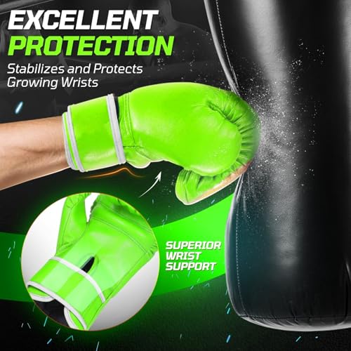 Flexzion Boxing Gloves for Kids 4oz – Training Punching Bag Mitts, Kid Boxing Gloves with Faux Leather & Wrap-Around Wrist Protection for Boys & Girls Ages 3-8 Years - color: Green Blaze