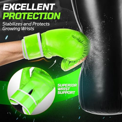 Flexzion Boxing Gloves for Kids 4oz – Training Punching Bag Mitts, Kid Boxing Gloves with Faux Leather & Wrap-Around Wrist Protection for Boys & Girls Ages 3-8 Years - color: Green Blaze