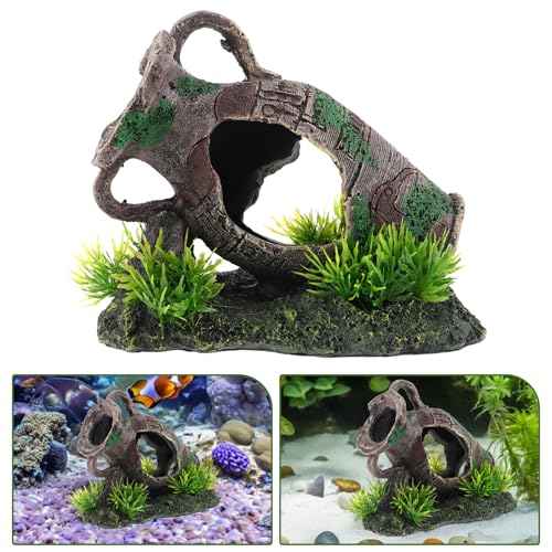 Aquarium Ruins Ancient Vase Shrimp Caves Resin Pot Decoration Broken Vase Fish Tank Landscaping Decor Realistic Hideout Shelter for Freshwater Fish and Shrimp Tanks