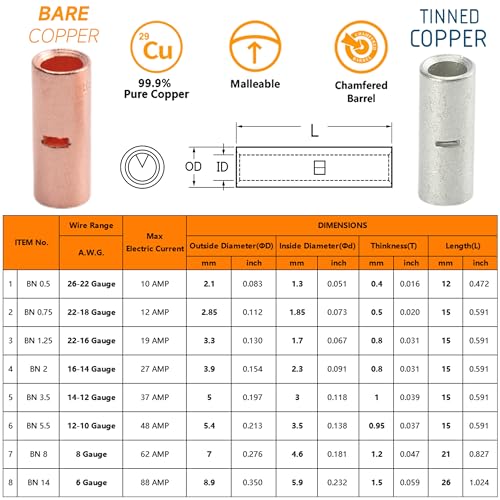 380pcs Non/Un Insulated Butt Connectors Wire Butt Splice 26-6 Gauge | SVAAR Heavy Duty Tinned Copper High Conductivity Marine Grade Seamless Barrel Crimp Splice Terminals Automotive,Marine,DIY - color: Non-Insulated Splice - Tinned Copper