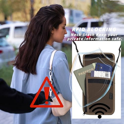 Travel Neck Wallet with RFID Blocking – Passport Holder Organizer Neck Pouch – Portable Easy to Conceal Travel Pouch (Brown) - color: Brown