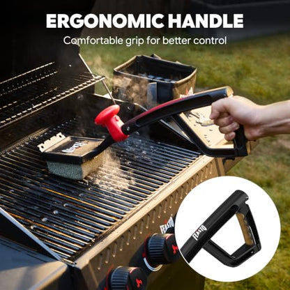 Feasto 6-in-1 Bristle-Free BBQ Grill Brush for Grill & Griddles | Interwoven-Tech & Thermal-Sensitive Sponge, Stainless Steel Scraper, 360° Rotating Knob, Bottle Opener & Grates Hook - color: Black