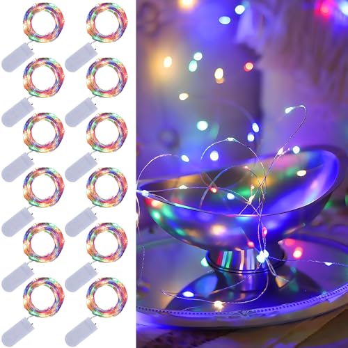 WATERGLIDE 12 Pack Colorful Fairy Lights Battery Operated (Included), 7 ft 20 LED Mini String Lights, Waterproof Silver Wire Firefly Starry Light for DIY Wedding Christmas Party Mason Jars Decor - color: Multicolor