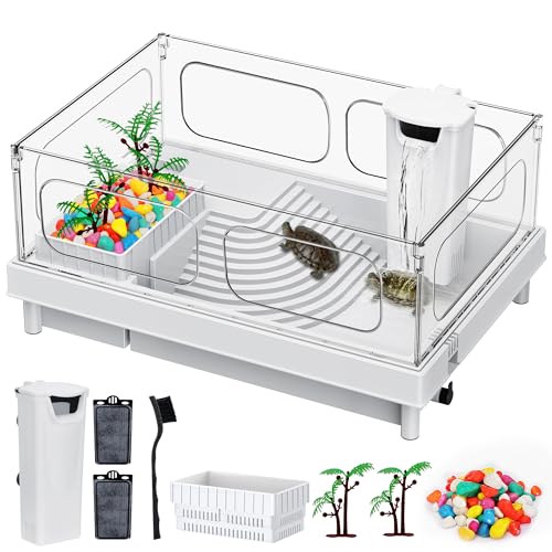 Small Turtle Tank with Filter for Baby Turtles | White Clear-Panel Habitat, with Basking Platform and Bottom Drain, Low-Water Starter Aquarium, for Crabs and Small Reptiles - color: White, size: Tank+Filter