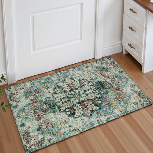 Lahome Boho Bohemian Area Rug - 2x3 Small Washable Bathroom Entryway Kitchen Rug,Floral Medallion Non Slip Pet Friendly Vintage Throw Carpet for Indoor Front Door Sink Living Room Bedroom,Teal - color: Teal, size: 2' x 3' (Rectangular)