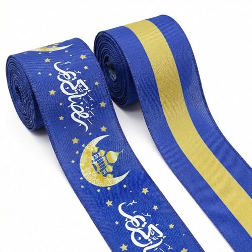 2 Rolls Eid Mubarak Ribbons for Crafting, 2.5" ×10 Yards Blue Golden Wired Edge Ribbon Ramadan Moon Lantern Craft Ribbons for Gift Wrapping Eid-ul-fitr Decorations Supplies - color: blue