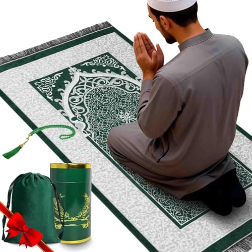 Portable Muslim Prayer Rug and Beads with Gift Box, Soft Islamic Prayer Mat,Travel Praying Mat for Men and Women, Prayer matt Islam Gifts Set, Sajadah/Janamaz/Seccade/سجادة صلاة (Green) - color: Green