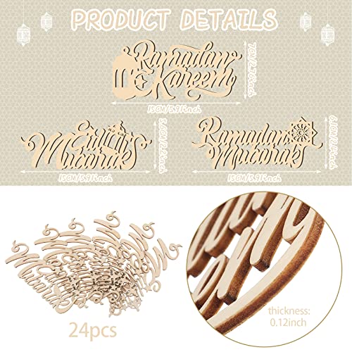 24 Pieces Eid Mubarak Plate Setting Hanging Wooden Word Eid Wood Sign Kareem Moon Star Ramadan Decorations Islamic Table Decor for Al Adha Muslim Home Pendant Wall Party Ornaments