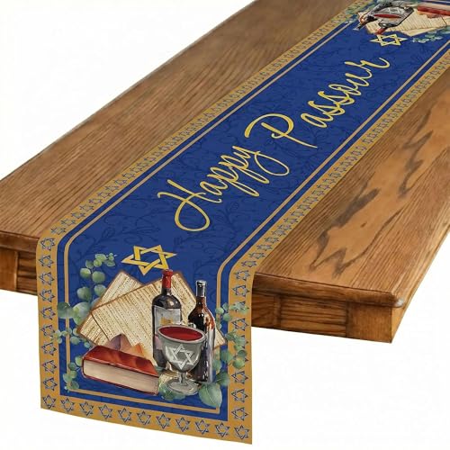 Happy Passover Linen Table Runner: Jewish Pesach Festival Tablerunner Dark Blue and Gold Star of David Matzah Wine Book Decorations Perfect for Seder Kitchen Dining, Party, Mantel 13×72Inches(1 Pcs) - color: Passover-1