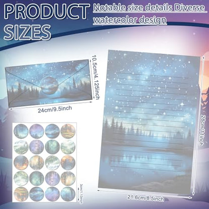 TaoBary 160 Pcs Stationery Paper Kit 50 Double Sided Stationery Papers with 50 Matching Envelopes and 60 Round Dot Sticker, 10 Design(whimsical Watercolor Illustration Starry Night, 8.5 x 11 Inch) - size: 8.5 x 11 Inch, style: Whimsical Watercolor Illustr