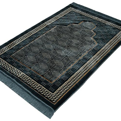 Modefa Turkish Islamic Velvet Prayer Rug - Thick & Wide Soft Carpet for Men & Women - Double Plush Large Janamaz - Eid & Ramadan Gift - with Kufi, Beads & Car Hanger - Geometric Noor (Ice Blue) - color: Ice Blue