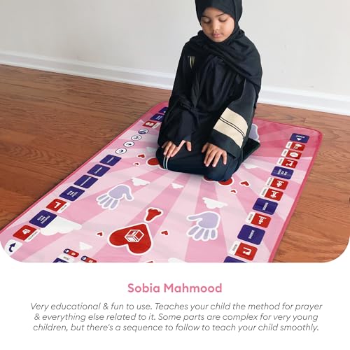 My Salah Mat 아동용 - 핑크 인터랙티브 무슬림 기도 러그 살라 학습 - 36개의 터치 키, 15개 언어, 스피커 및 소책자가 있는 재미있고 쉬운 기도 매트 - 만 3세에서 8세를 위한 이슬람 장난감
