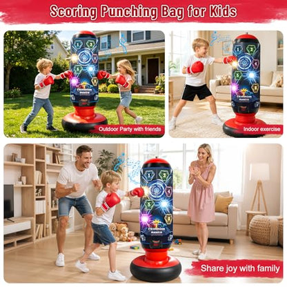 Kids Punching Bag with Gloves, Inflatable Boxing Set with Scoring, Lights & Music, 4 Game Modes, Freestanding Electronic Boxing Bag, Interactive Training Set Birthday Gift for Boys Girls Ages 4-12