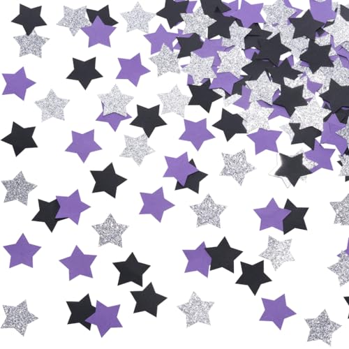 MOWO Purple Black and Silver Star Confetti Table Decoration, 1.2'', 200pc - color: Silver Purple and Black