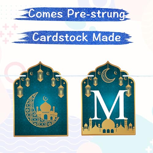 VILIFEVER 2 in 1 Ramadan Eid Mubarak Banner with Lantern Moon Star Sign, Eid Ramadan Mubarak Decorations for Mantel Fireplace Al-fitr Party Decoration Supplies