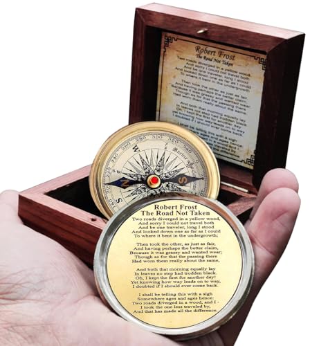 Antiqued Brass Robert Frost Poem Compass with Wooden Box, Inspirational Gifts for Woman, Aniversity Gifts for Men,Engraved,Wedding for Boys, Pocket Compass for Hiking Survival