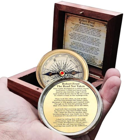 Antiqued Brass Robert Frost Poem Compass with Wooden Box, Inspirational Gifts for Woman, Aniversity Gifts for Men,Engraved,Wedding for Boys, Pocket Compass for Hiking Survival
