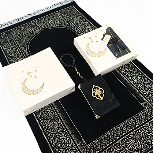 IEF Muslim Prayer Rug Islamic Prayer Mat Quran Prayer Beads Gift Set, Ramadan Eid Gifts, Birthday Gifts for Men, Fathers Day Gift, Velvet Prayer Rug Arabic Quran Pearl Tasbeeh - color: Black with Bag