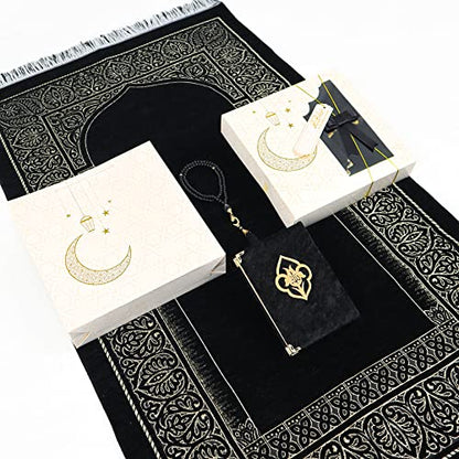 IEF Muslim Prayer Rug Islamic Prayer Mat Quran Prayer Beads Gift Set, Ramadan Eid Gifts, Birthday Gifts for Men, Fathers Day Gift, Velvet Prayer Rug Arabic Quran Pearl Tasbeeh - color: Black with Bag