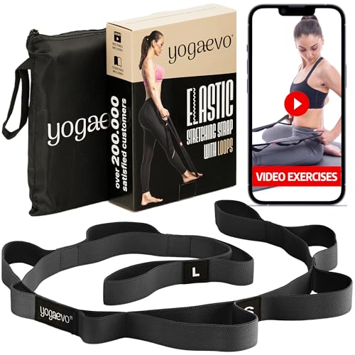 YogaEVO Stretching Strap with Loops for Physical Therapy — Yoga Strap & Resistance Band in One — Flexibility & Back Recovery — HD Video Routines Included - color: Black