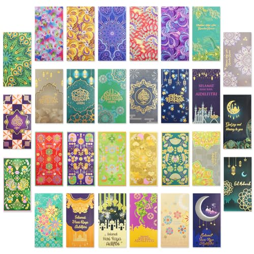 30 Pcs Eid Mubarak Money Envelopes 6.6x3.5 Inch Eid Gifts Cards Holders Assorted Styles Ramadan Pocket Envelope for Money for Islamic Muslim Holiday Party Supplies Celebrations Decor