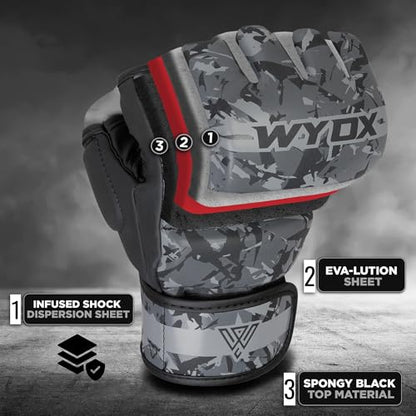 WYOX MMA Gloves & Boxing Focus Mitts Set – Hybrid Open Palm Grappling Gloves with Wrist Support + Curved Punching Pads with Gel Shock for Muay Thai, Kickboxing, Karate Training (Men & Women)