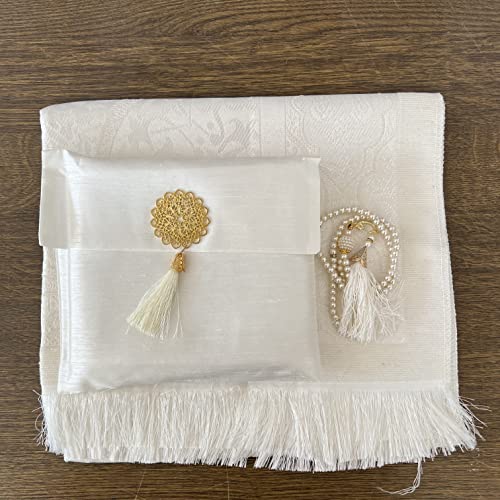 Muslim Prayer Rug, Bag&Yaseen Surah Pocket-Size Book, Bag&Prayer Beads Set I Perfect Islamic Gift I Prayer Rug Travel I Muslim for Men&Women I Soft Islamic Mat | Luxury Islamic Gifts (1 Set, Cream) - color: Cream, size: 1 Set