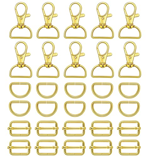 WAFJAMF Metal Snap Hook Ring Bulk 30 Pcs, Swivel Clasp Buckle and Non-Welded D Ring 10 Pcs, Adjustable Rectangular Buckle (1' Inside Width - Gold) - color: Gold, size: 1” Inside Width