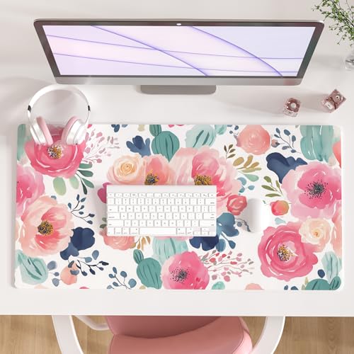 Faux Leather Large Mouse Pad, Office Desk Mat, 31.5"x15.7", Pink Floral | Desk Décor Accessories, Extended Size, Waterproof & Easy to Clean, Smooth Surface, Non Slip Desk Organization - color: Watercolor Pink Flower, size: 31.5L x 15.7W inches