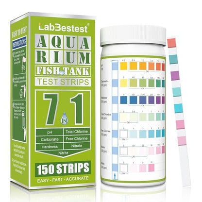 Aquarium Test Strips Fish Tank Pond Water Testing Kit (7-Way) | 150 Fish Bowl Tester Strips for Freshwater Saltwater - Rapid Accurate Easy to Test pH, Hardness, Nitrate, Nitrite and More