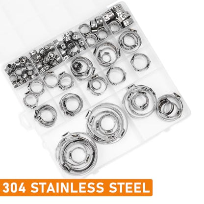 117PCS Sieqioor 16 Sizes Single Ear Hose Clamp Kit, 304 SS 5.3-48.5mm | 304 Stainless Steel Ear Clamp Kit, Stepless Hose Clamps Cinch Rings for Automotive, Home Appliance Line and Plumbing - size: 117pcs