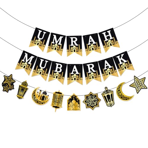 AhfuLife Umrah Mubarak Banner Set, 3 Pcs Pre-Tied EID Decor with Moon Star Garland, Pre Assembly Islamic Party Supplies for Home Outdoor Umrah Mubarak Ramadan Party Decor - color: Black Gold--Umrah Mubarak