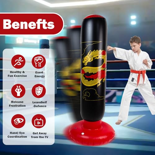 Onirii 66 Inch Kids Inflatable Punching Bag | Large Stable Kids Inflatable Boxing Bag Toy Set with Gloves for Boys & Girls Age 3-12 for Taekwondo,MMA and Practicing Karate - color: Golden Dragon
