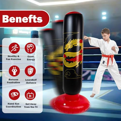 Onirii 66 Inch Kids Inflatable Punching Bag | Large Stable Kids Inflatable Boxing Bag Toy Set with Gloves for Boys & Girls Age 3-12 for Taekwondo,MMA and Practicing Karate - color: Golden Dragon