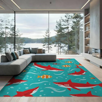 8'x10' Washable Flatwoven Rug, Turquoise Graphic Fish Stain Resistant Extra Large Carpet for Dining Room, Large Office, Lounge, Non-Slip Chair-Friendly Mat | Ref:2070035 - color: Blue/Pattern 12, size: 8' x 10' (Rectangular)
