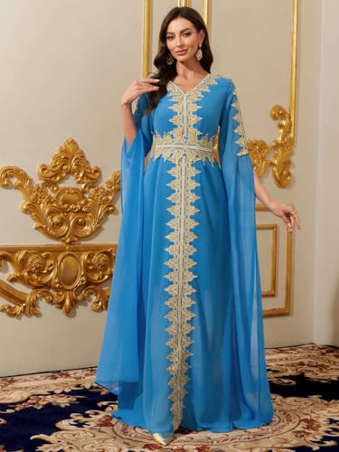 Women Muslim Abaya Kaftan Dress Lace Ethnic Moroccan Dress Eid Prayer Clothes Arabian Maxi Robe - color: Blue, size: X-Small