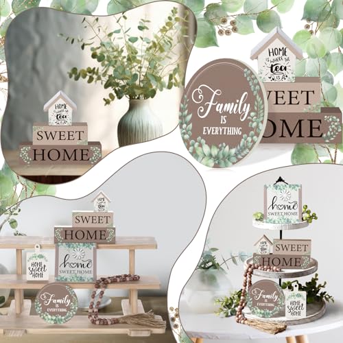 Yousoontic 7 Pcs Home Sweet Home Wooden Table Decorations, Farmhouse Tiered Tray Decor Rustic, Wood Block Signs Table Centerpieces Bead Garland for Kitchen Tabletop Housewarming - style: Home Sweet Home